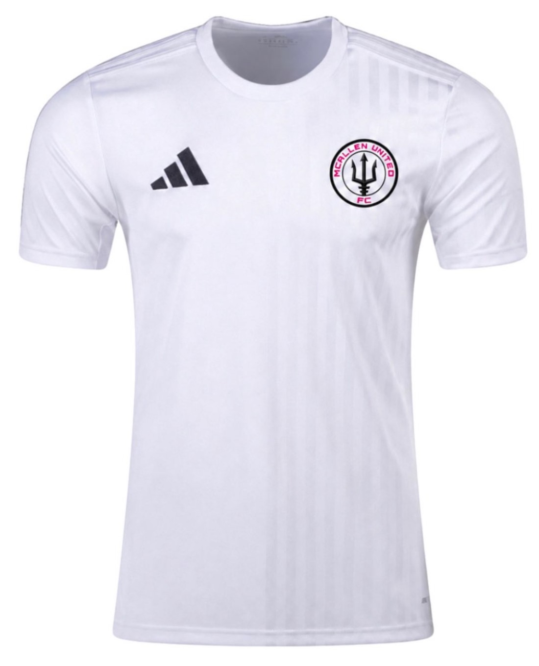 White McAllen United FC 26/27 home jersey with black adidas mark and pink club crest